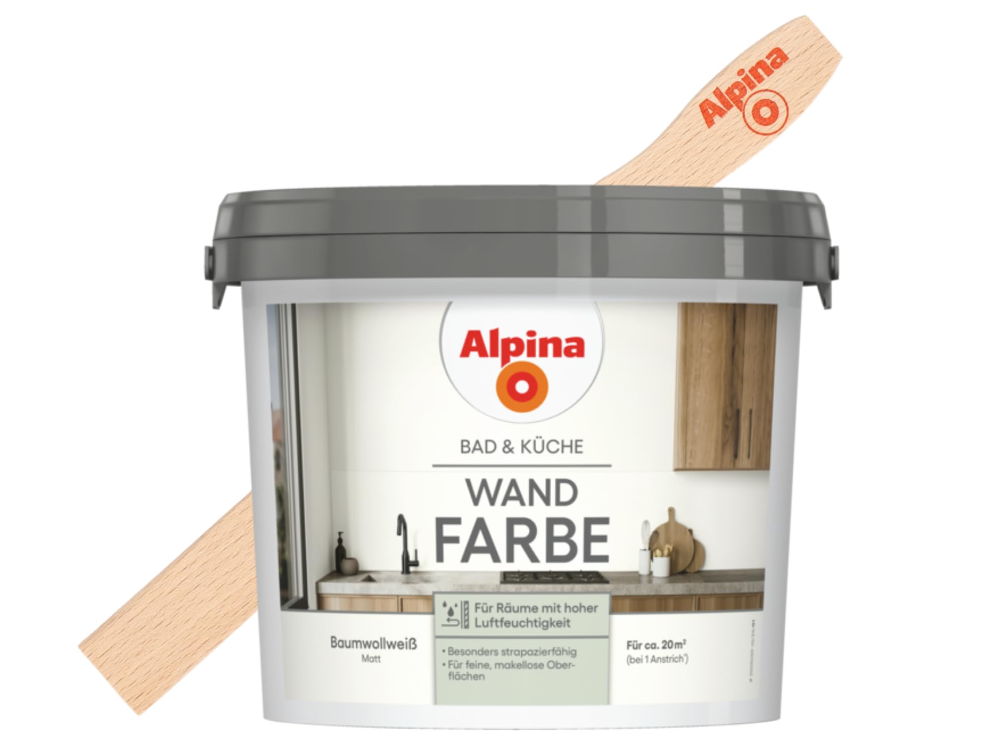 Alpina Bad & Küche Wand-Farbe Baumwollweiß 2,5 Liter mit gratis Rührholz