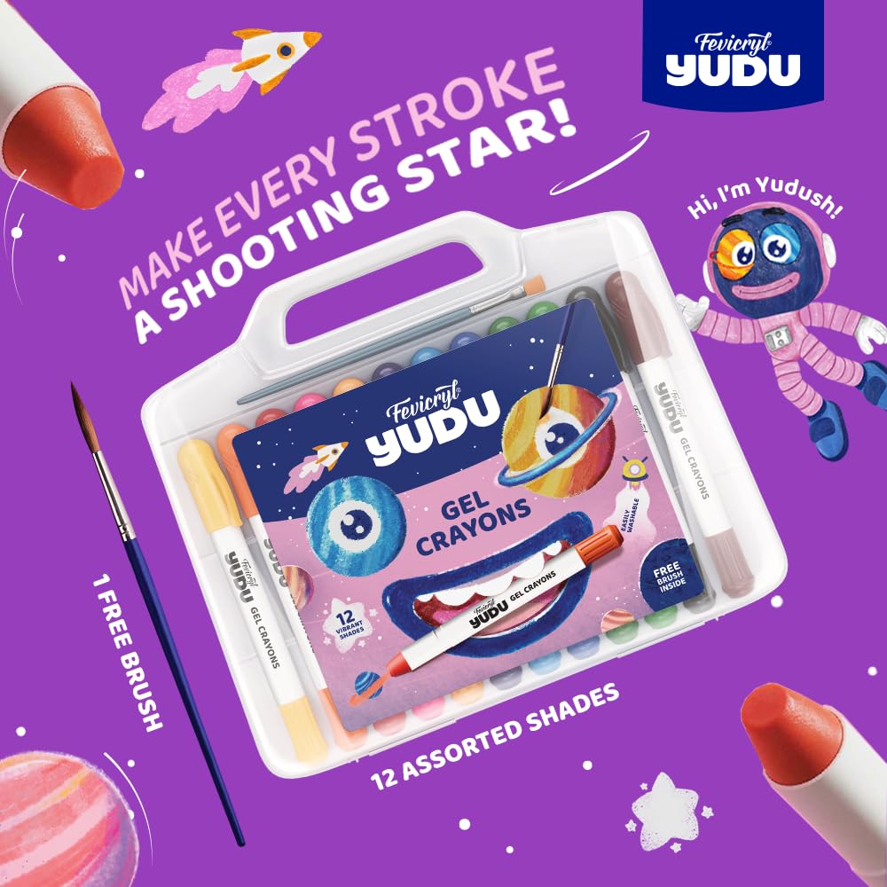 Fevicryl Yudu Gel Crayons | 12 Colours with 1 Brush | Smooth & Mess-Free Creative Art | Twistable, Washable & Water Soluble for Kids & Adults | Ideal Gift for Kids — Amazon image 2