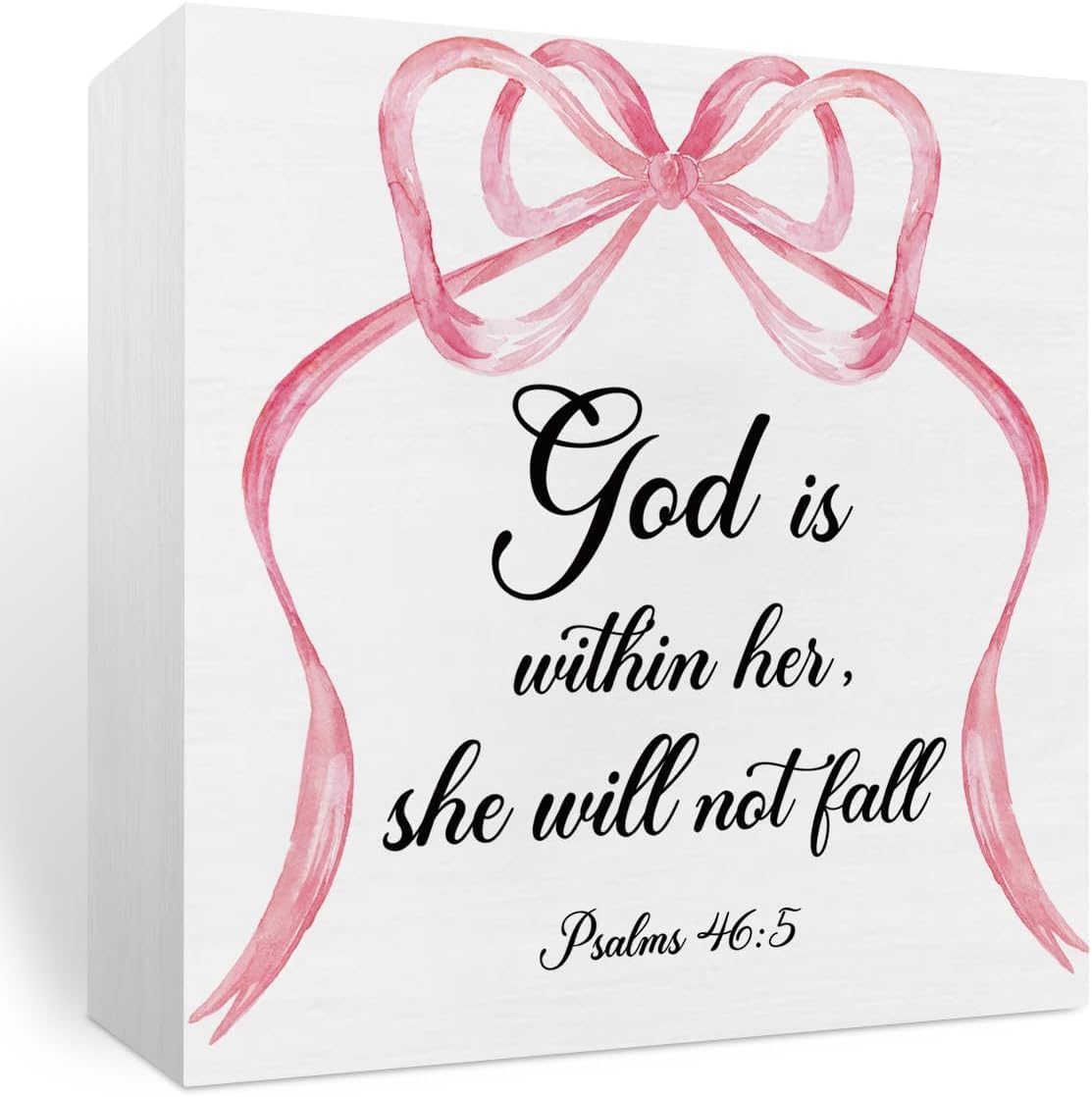 7x7 Inch Wooden Box Sign, Pink Bow Scripture Decor, Psalms 46: