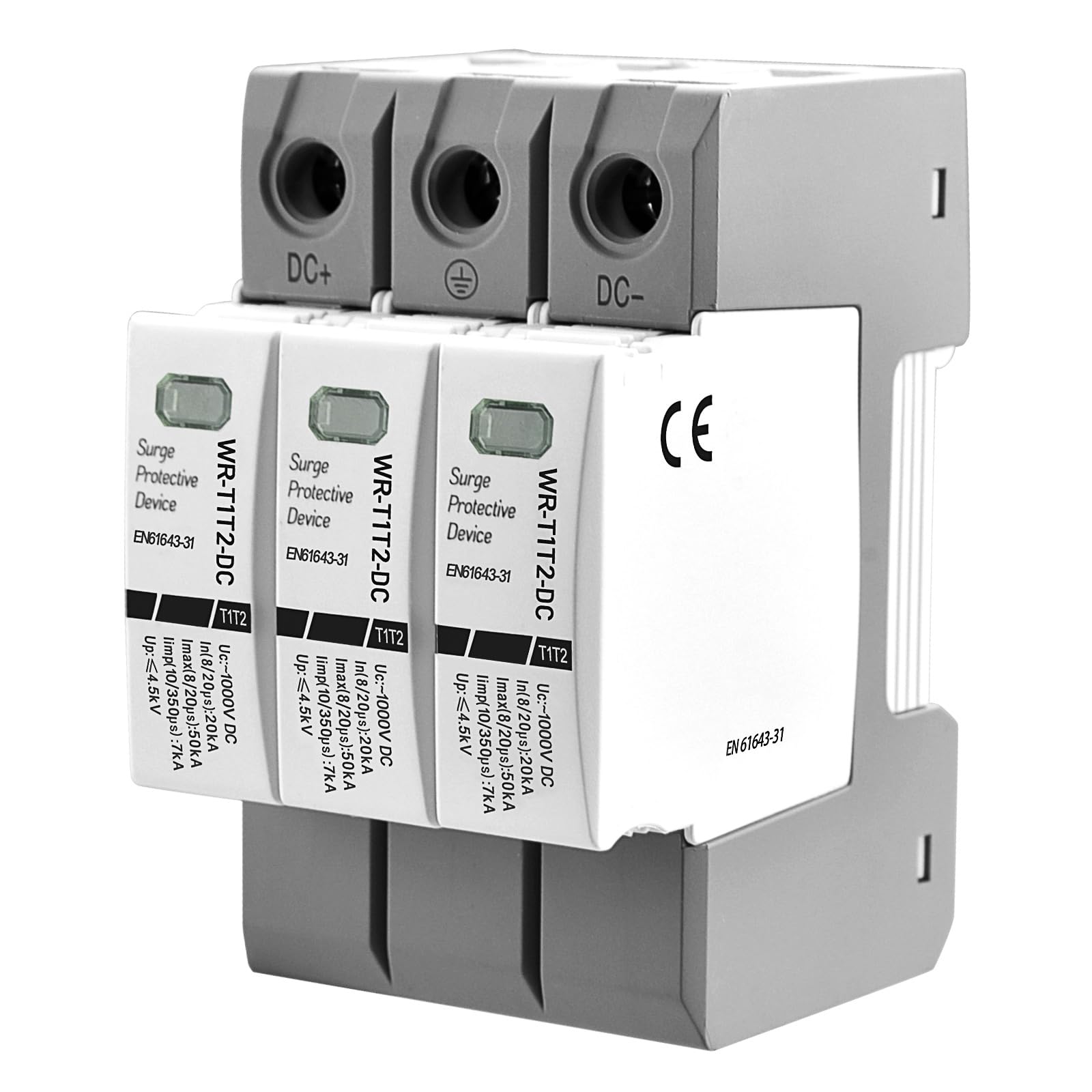Heschen DC-Überspannungsschutzgerät für PV, WR-T1T2-DC, 3P 1000 VDC, In 20 KA, Iimp 7 KA, T1+T2-Typ, feuerfest, 35-mm-DIN-Schienenmontage