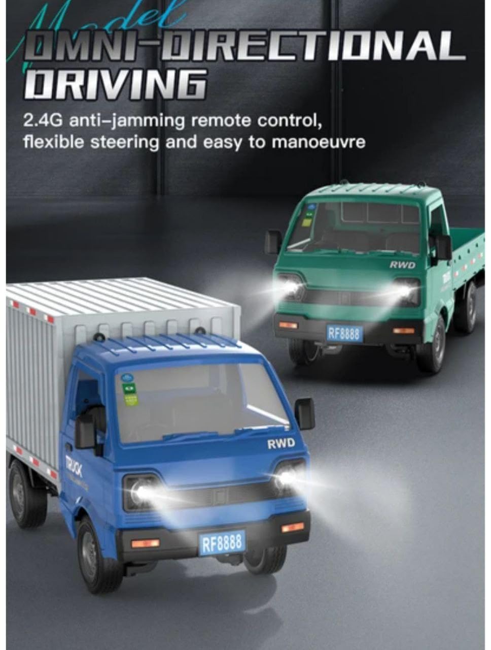 Advisian store Remote Control Car RC Kei Truck,1:16 Scale Transporter Pickup, 2.4GHz All Terrain RC Transport Cars with Spray & Light Toy Best Gifts for Kids (RC Transporter Truck - Green) 2