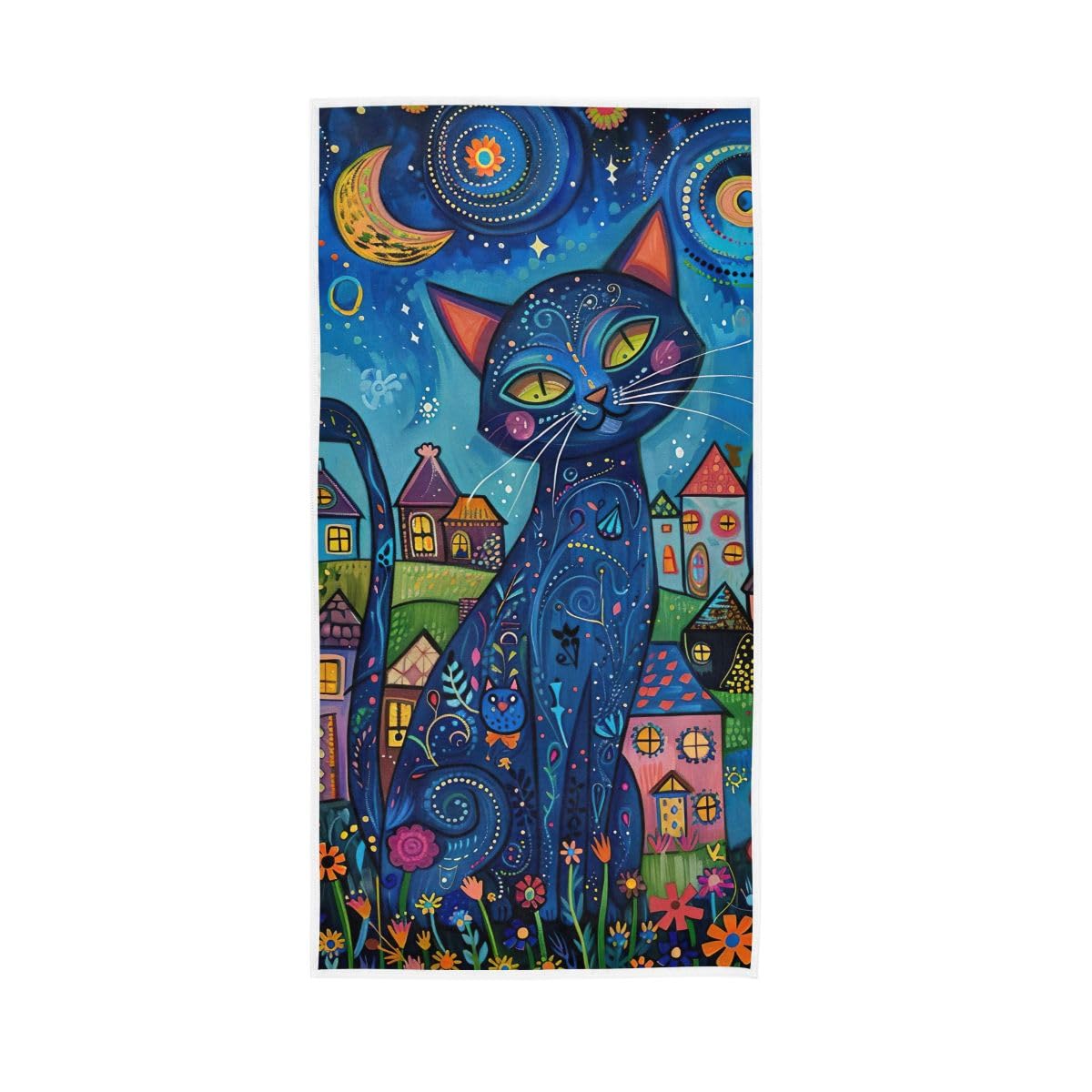 LSRCPD Blue Cat Colorful Village Hand Towel, Farmhouse Hand Towels Bathroom 15 x 30 Inches