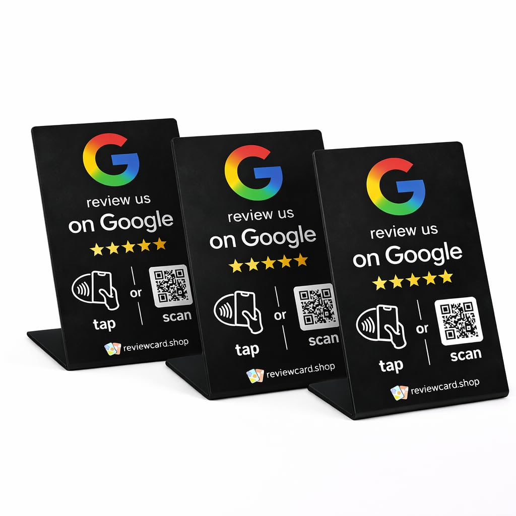 Tap to Review NFC + QR Review Card | Contactless Review Card | Collect 5* Reviews & Rank at The Top of The Search (Black Stand, 3 Piece)