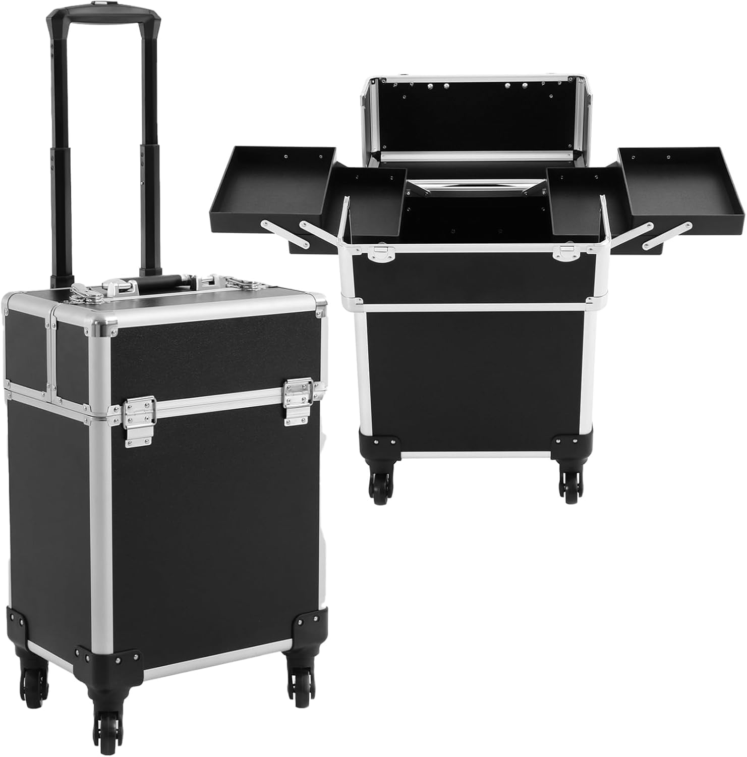 Grande valigetta per trucchi con ruote, trolley cosmetico professionale per trucchi e viaggi, scomparti multipli, spazio per trucchi e pennelli, leggero e impermeabile, Nero , 34*24*47cm, moderno