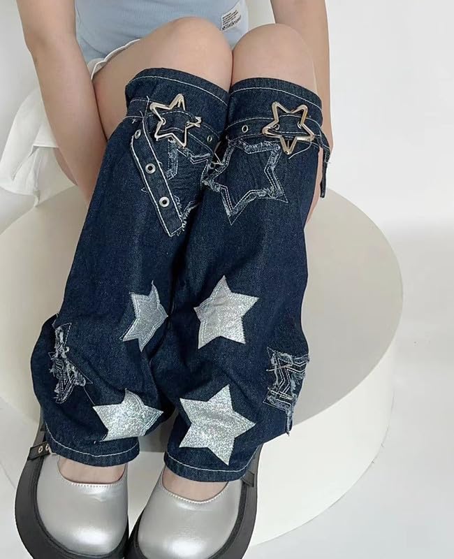 Image of Hopecn Girls Leg Warmers Y2K Skull&Star Print Two Side Wear Knitted Goth Leg Warmer 80s Loose Kawaii Streetwear Socks.