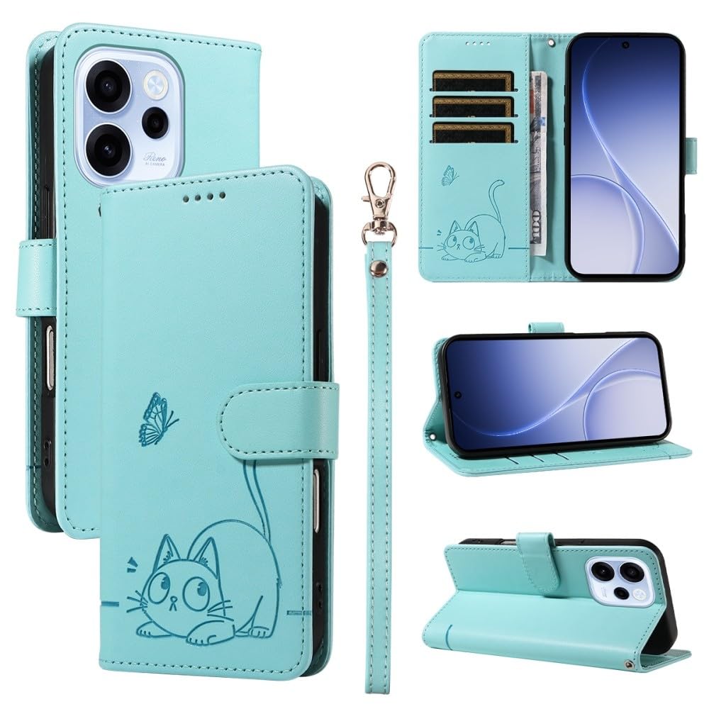 Generic Étui compatible avec Motorola G84 5G (Couleur : vert menthe) Motif CAT papillon portefeuille en cuir Étui à rabat