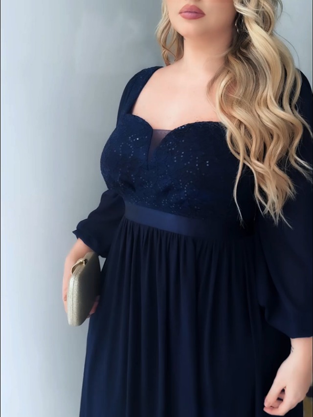 navy blue lace evening dress with sheer long sleeves Do+Be Champagne/Silver Sequins with Shoulder Pads Blouson Style Dress – The  Saved Collection main image 1