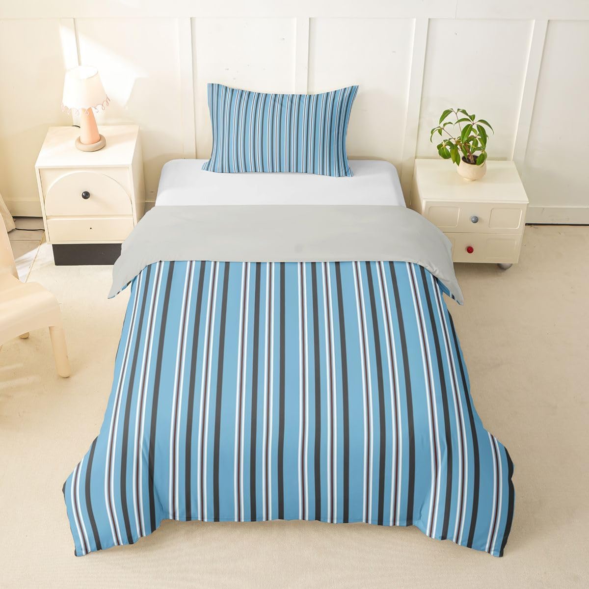 Erosebridal Modern Lines Duvet Cover Toddler Size | Pink Blue Vertical Stripes Comforter Cover for Kids Boys Girls Geometric Bed Set Luxury Art Bedding Set