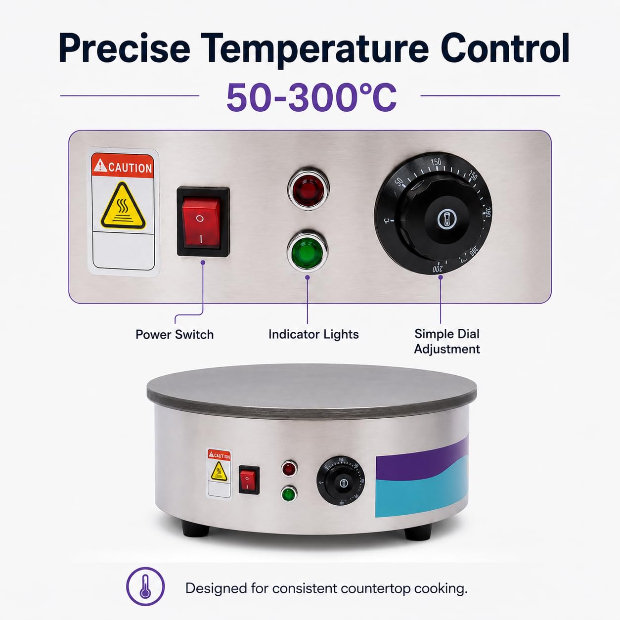 Máquina de crepe eléctrica de 2800 W, crepe, temperatura ajustable con espátula de madera, crepera, apta para familias, cafeterías, restaurantes