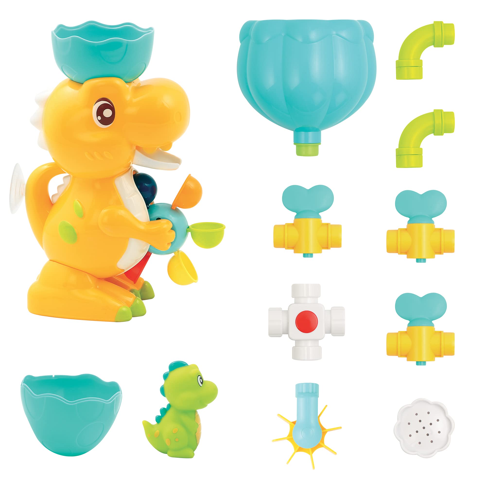 LUDI - Coffret de Bain Dino - 1 Circuit d’Eau à Construire, 1 Grand Dinosaure, 1 Bébé Dino Aspergeur - Jouet de Bain pour Bébé à Ventouser - Modulable, Evolutif et Éducatif - À Partir de 18 Mois