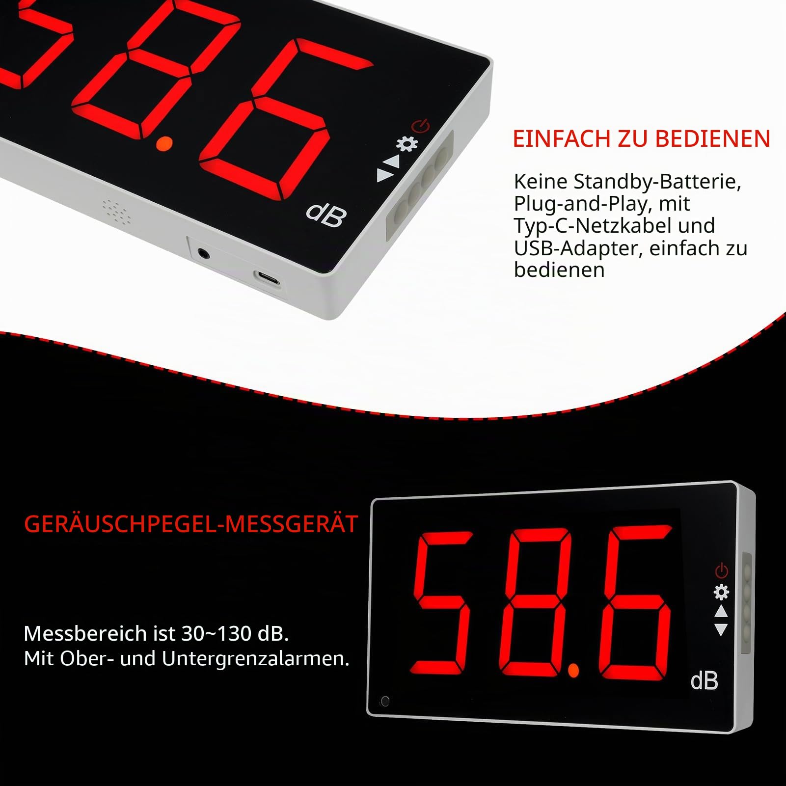 Irfora Schallpegelmesser mit großem LCD-Bildschirm, wandmontierter digitaler Schallpegelmesser, digitaler Lärmmesser, Dezibel-Überwachungstester, Geräuschpegelmessgerät, 30–130 dB Messbereich mit