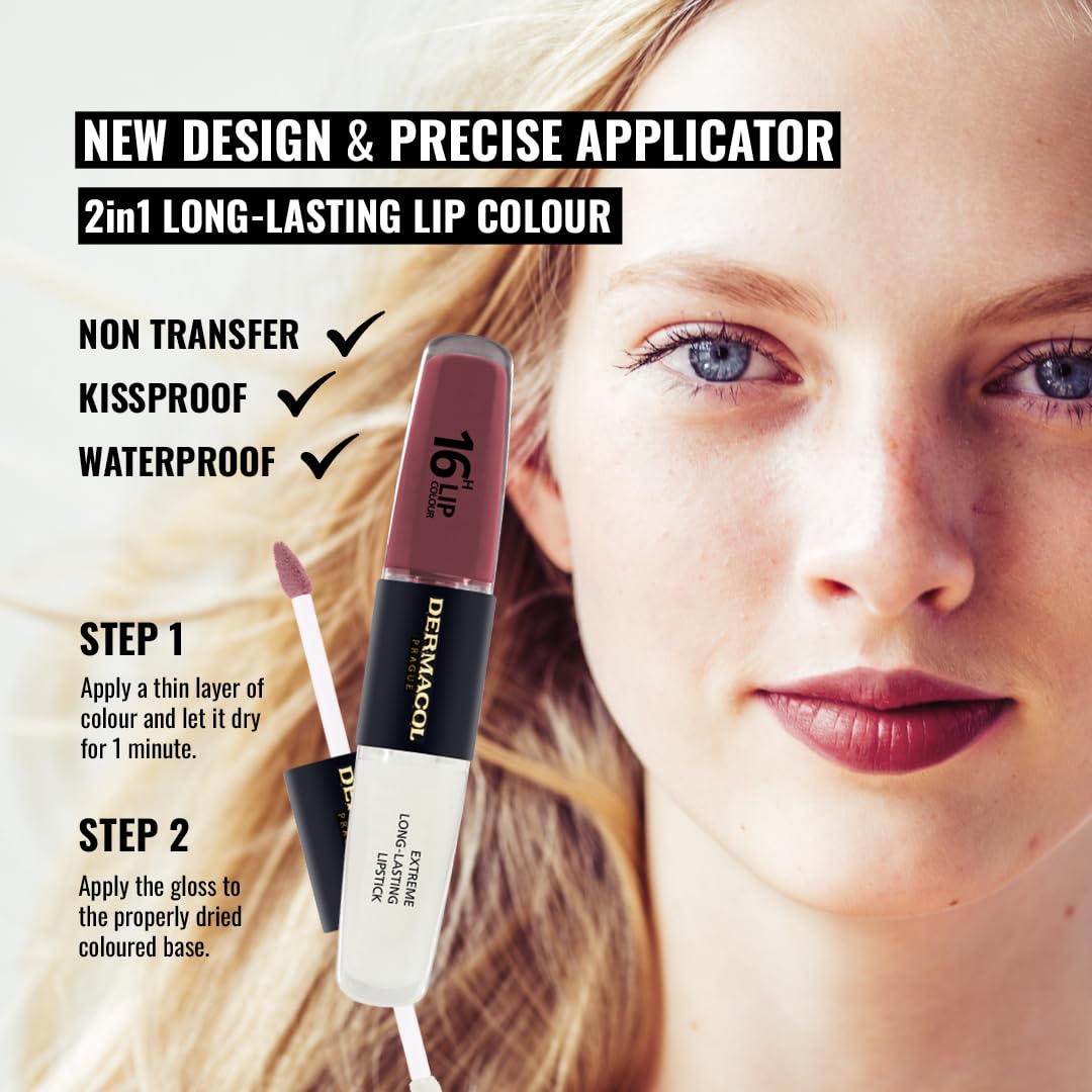 NEW Dermacol, 16-Hour Lip Colour, Highly Pigmented Glossy Lip Stain, Two-Phase Lip Plumper Gloss - Image 2