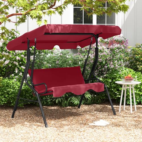 Image of Tangkula 3 Person Porch Swing, Patio Swing with Removable Cushion & Powder-Coated Steel Frame, Outdoor Swing with Canopy for Porch, Backyard, Garden, Balcony (Wine)