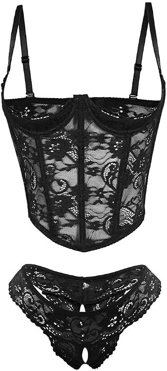 Womens 2-Piece Sheer Lace Push Up Bra and Panty Set, 1/4 Cup Underwire See-Through Lingerie for Date Night