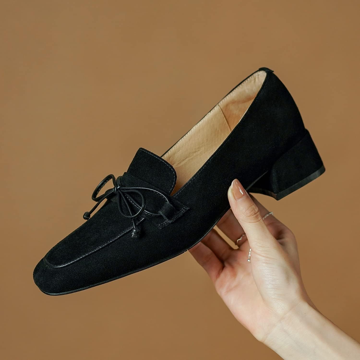 MOOMMO Women Chunky Low Heel Loafers Bow Suede Slip On Closed Square Toe Loafer Shoes Oxfords Comfy 1" Block Heels Dress Shoes Pumps Office Work Pumps Retro Casual Cute 4-11 M US - Image 4