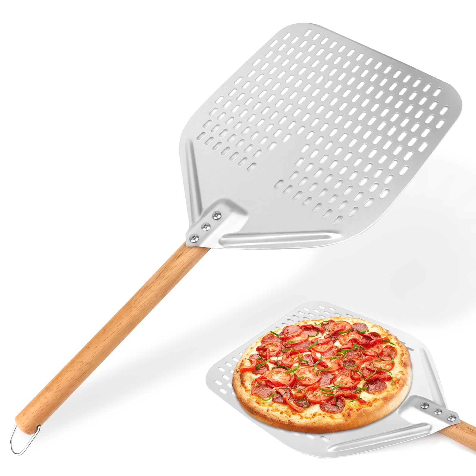 Łopatka do pizzy perforowana, okrągła, aluminiowa 12 cali, z wyjmowanym uchwytem, do grillowania, do gotowania, pizzy z drewnianym uchwytem