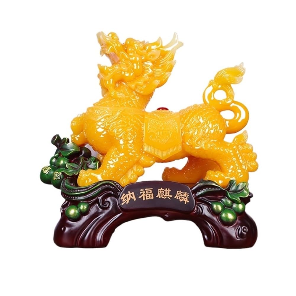 zhuyanbo007 Desk Statue, Qilin ornamental living room feng shui decoration, handmade entrance hall lucky charm(Yellow)