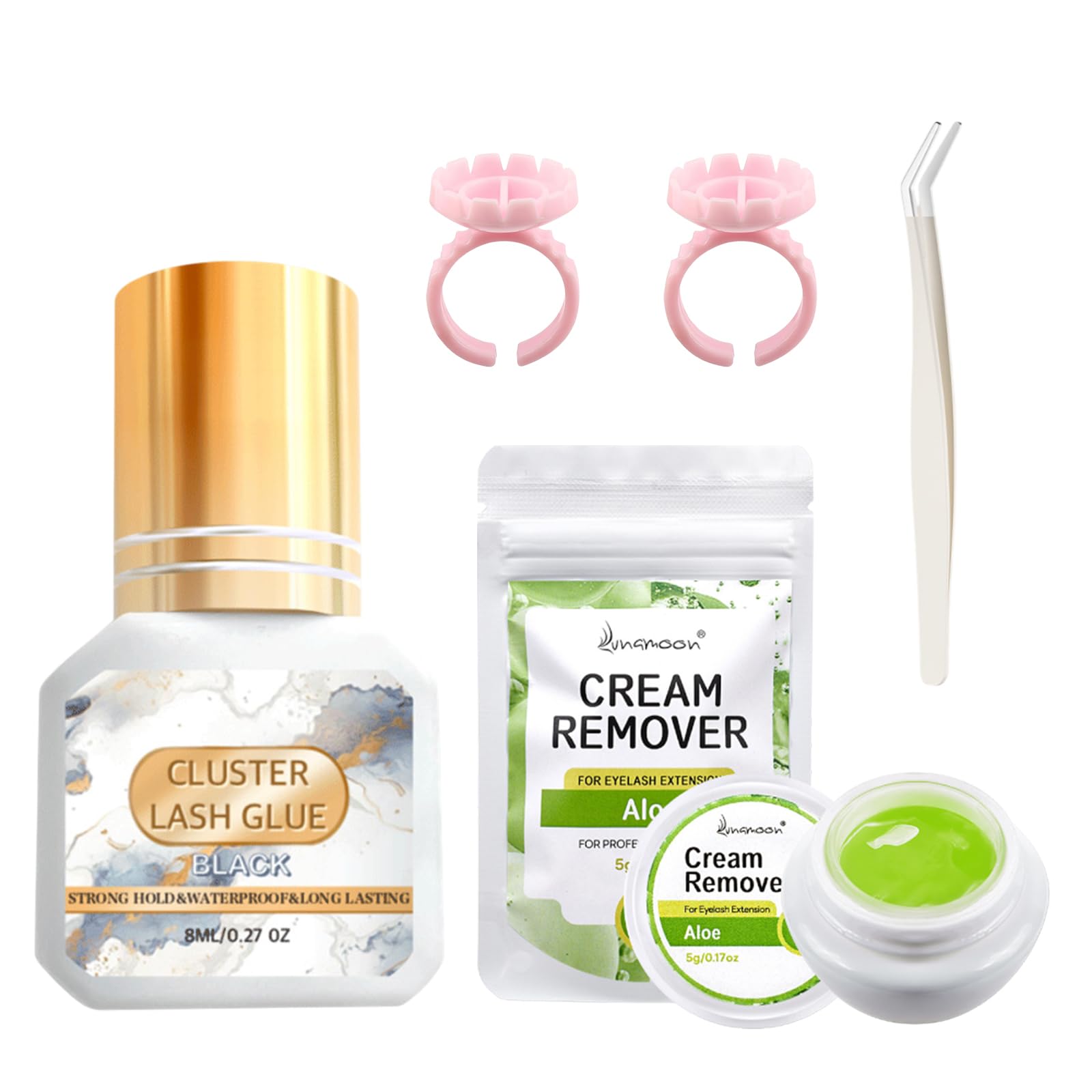 5 Pcs Black Cluster Lash Glue for Eyelash Extensions with Lash Remover Tweezers Glue Cup,Drying Strong Hold Waterproof for Professional Salon Home DIY & Special Occasions Eyelash Extension Supplies