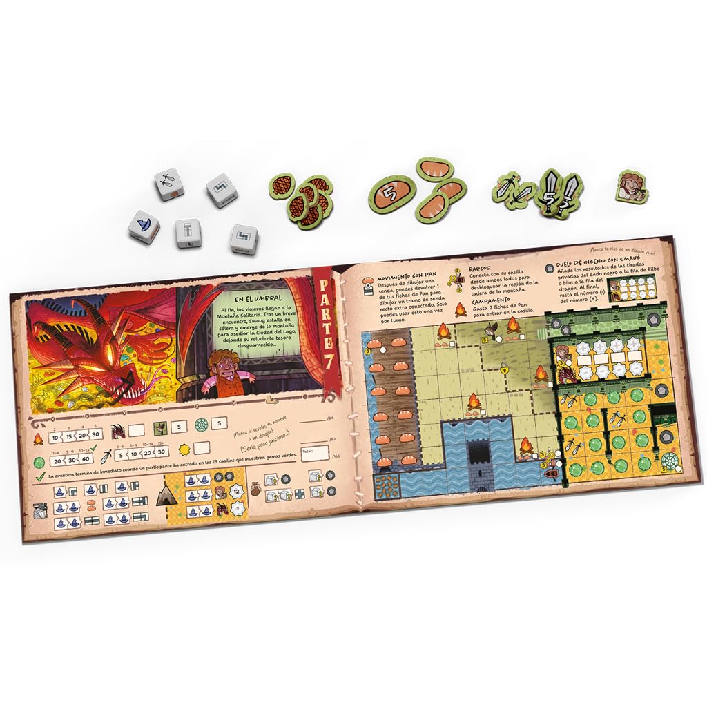 Asmodee El Hobbit: Historia de una IDA y de una Vuelta, Juego Familiar para 1 a 4 Jugadores a Partir de 10 años, Juego de Dados competitivo y narrativo en la Tierra Media, Español