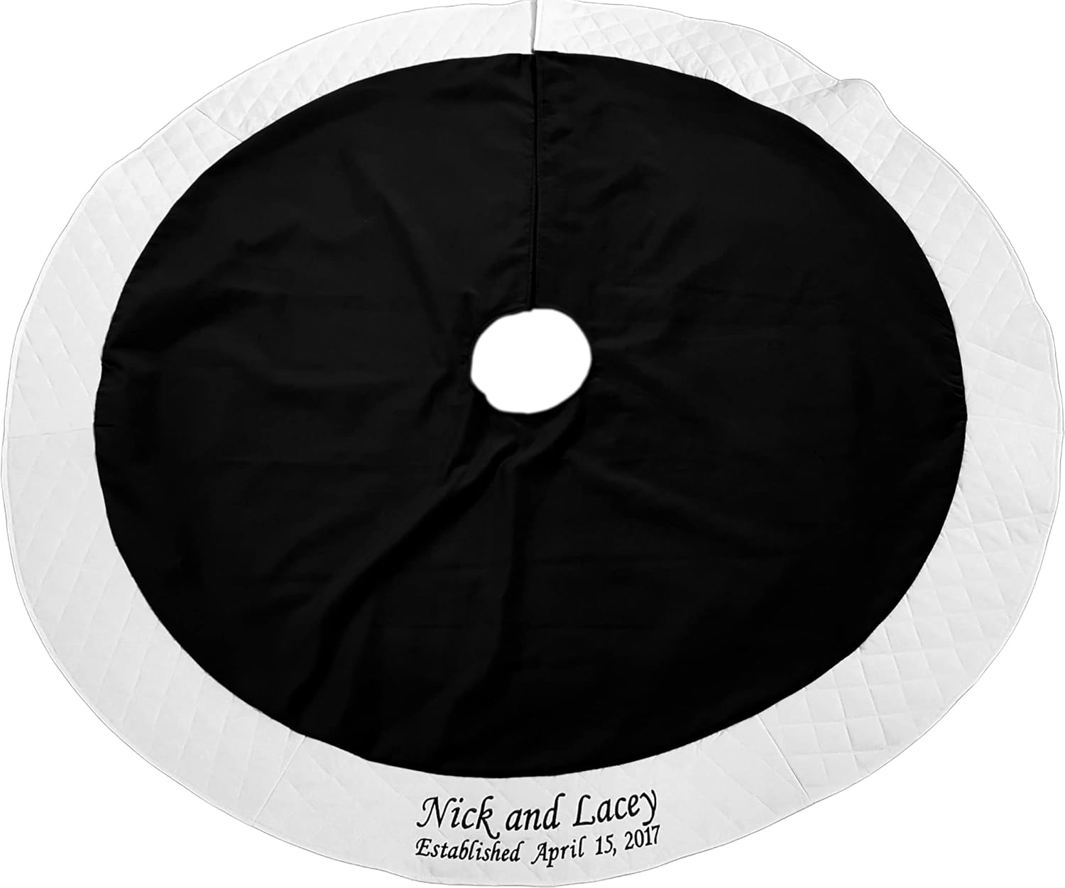 Personalized 54” Christmas Tree Skirt Black Velvet with Ivory Cream or White Quilted Trim