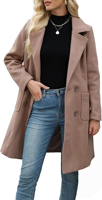 Womens Winter Wool Blend Coat Long Sleeve Double Breasted Lapel Mid-Long Jacket Casual Blazers Outwear