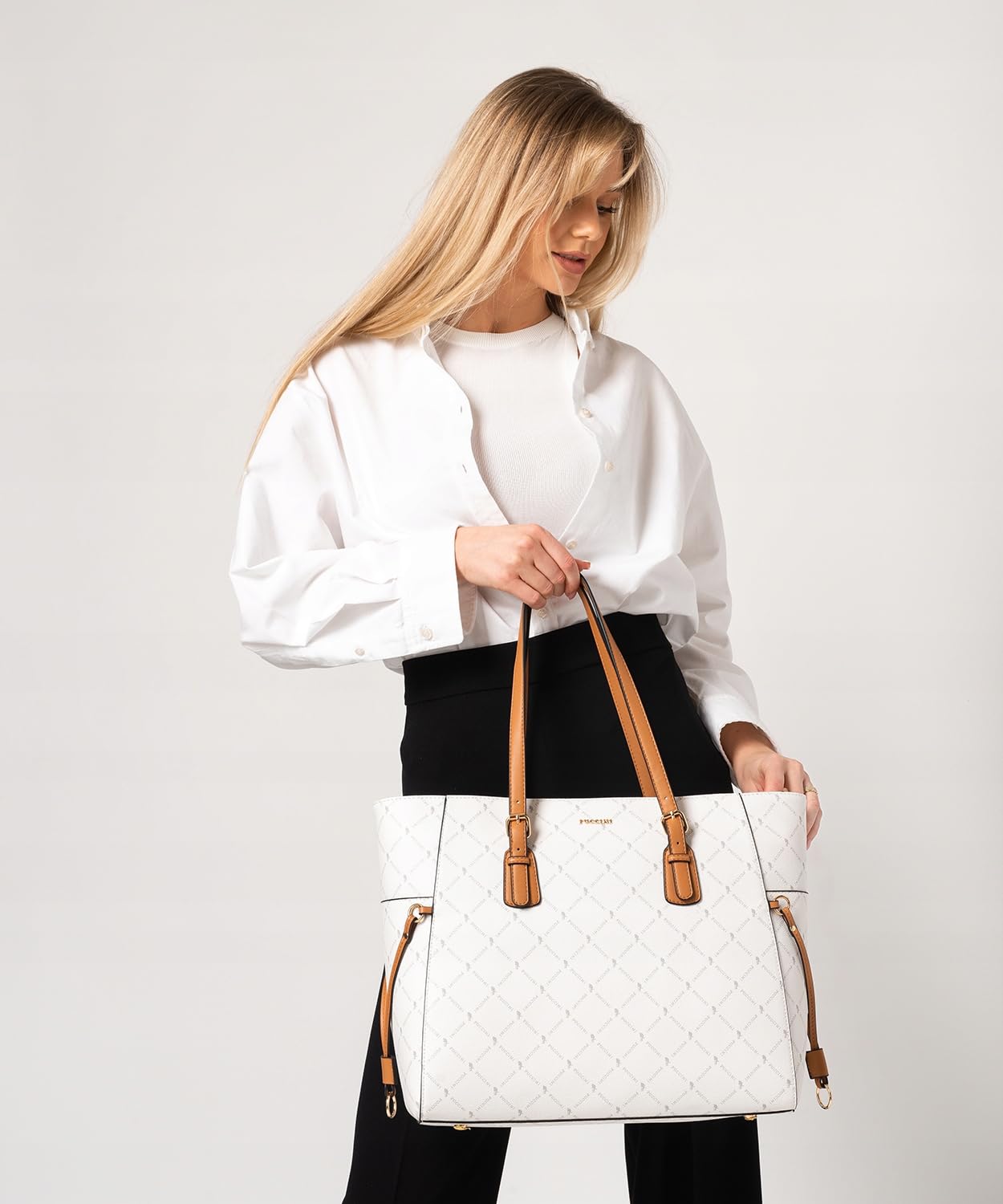 PUCCINI Damska Torebka Shopper, Biała, Duża Mieści A4, Skóra Ekologiczna, Elegancka, Monogram, Z Uchwytami na Ramię, Złote Detale