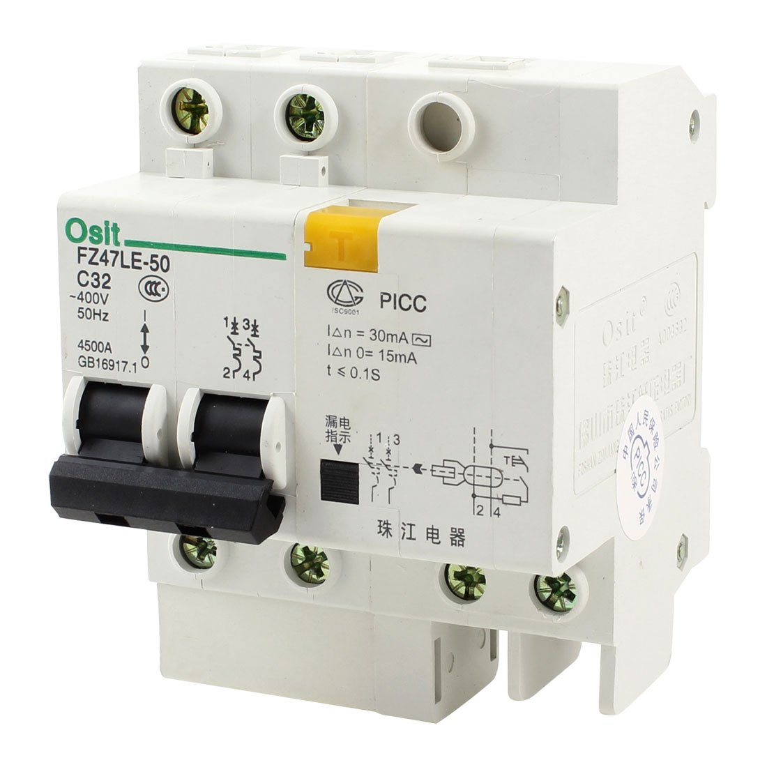 Disyuntor de Fuga AC 400V 32A con capacidad de ruptura de 4500A 2P+1N