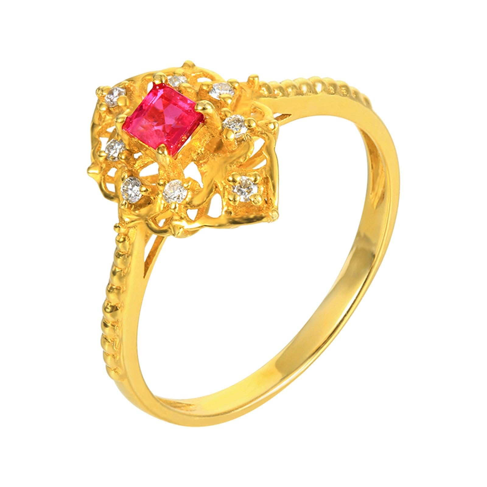 Pierścionki damskie zaręczynowe 14-karatowe żółte złoto, pierścionek rocznicowy damski design w stylu vintage pusty syntetyczny rubin 0,29 ct i moissanit pierścionek dla mamy, dziewczyny