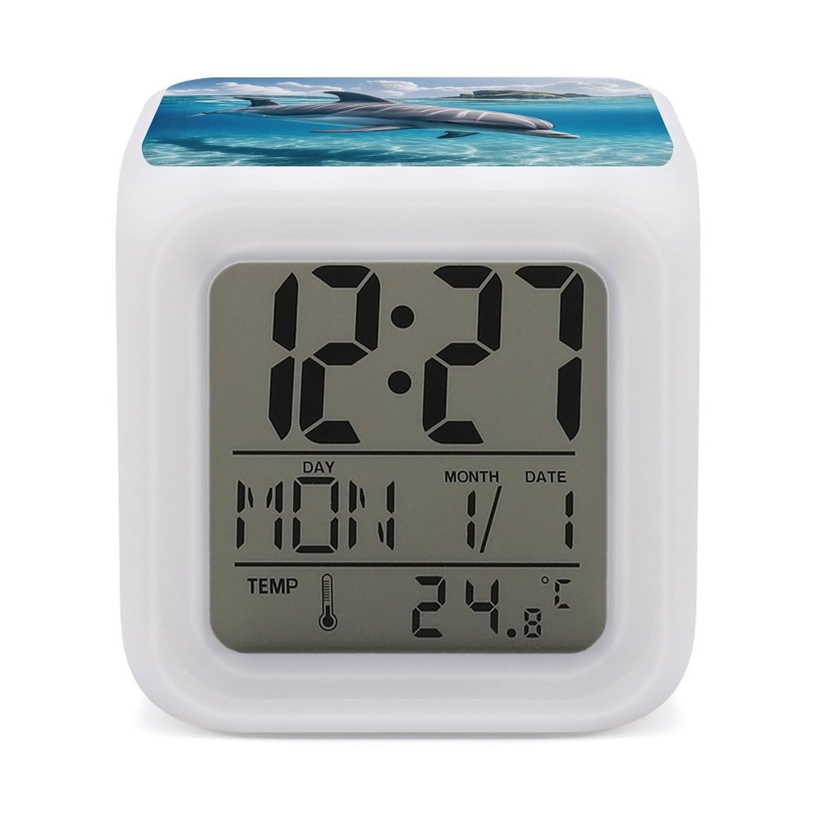 LZQPOEAS Dolphin in The Ocean Alarm Clock Desk Clock with 7 Color Changing Night Light Digital Clocks with Temperature Display Sleep Training and Sound Machine for Heavy Sleeper