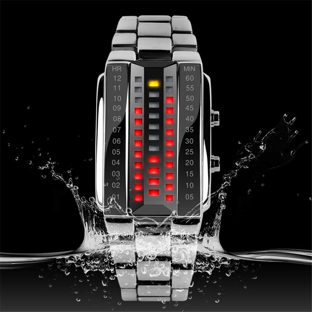 Unico Binario Relojes de Pulsera de Hombre y Mujer Calendario Rojo LED Digitales Luminosidad Acero Inoxidable Negro Rectangular Fashion Casual Estilo Reloj, Plateado