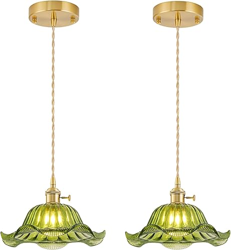 Miniatura 13 de Lámparas colgantes vintage para isla de cocina, lámparas colgantes de latón ajustables con pantalla de vidrio de lirio ámbar, iluminación colgante