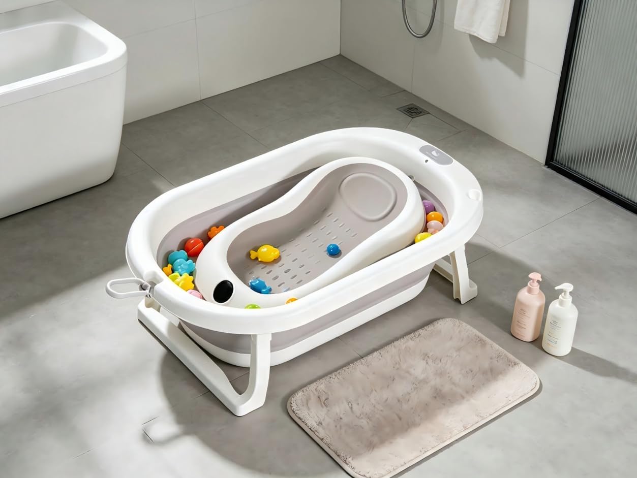 Bañera plegable para bebé con termómetro impermeable integrado, marco reforzado estable sin tambaleo, drenaje rápido, soporte de base aislante, bañera redonda ergonómica para bebé