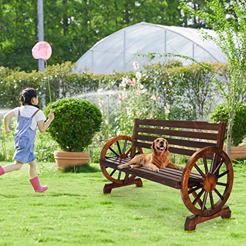 Vingli Outdoor Rustic Wooden Bench With Wagon Wheel Arms thumb #7