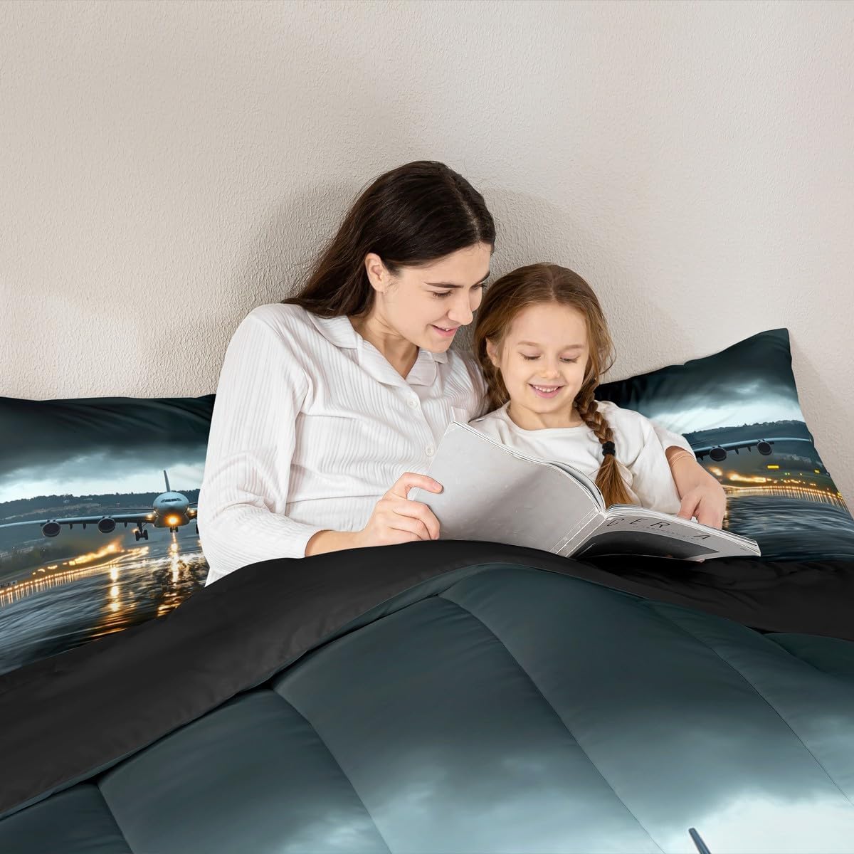 Castle Fairy Airport Airplane Bedding Set,Black Clouds Natural Scenery Comforter Set for Kids Teens Adults,Modern Cool 3D Plane Print Comforter Duvet Set with 2 Pillowcases Full Size 3 Pcs