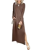 Women Long Sleeve Dresses 2025 Fall Casual Crewneck Loose Fit Split Flowy Wrinkle-Free Travel Vacation Maxi Dress
