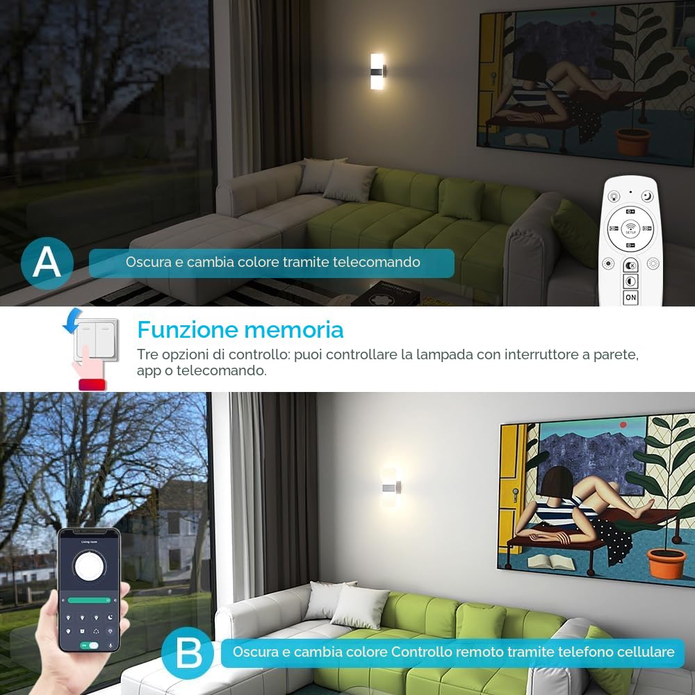 Sytmhoe 2 Pezzi Dimmerabile Appliques Da Parete Di Design Con App e Telecomando, 12W 2700-6500K Argento Albergo Acrilico Applique Camera Da Letto, Scale Soggiorno Lampade Da Muro Moderne