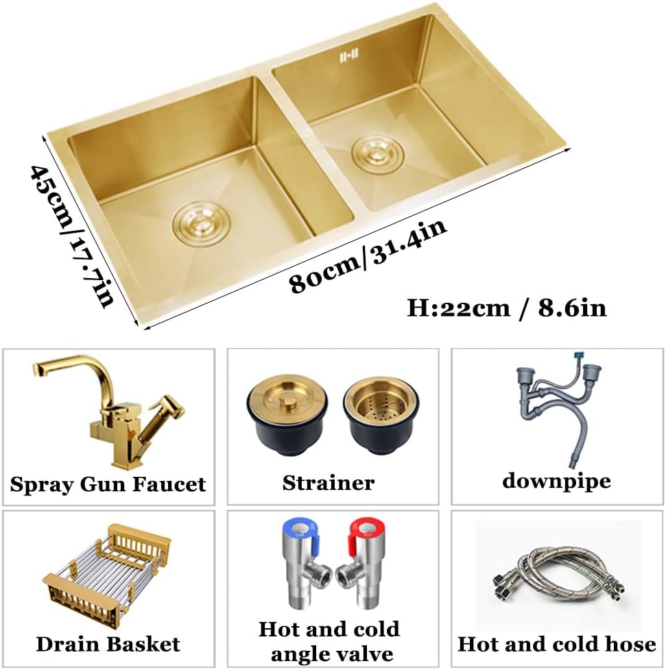 Kitchen Sinks,Kitchen Sink with Spray Gfaucet, Double Bowl Bar Prep Kitchen Sinks,Kitchen Sink Drop-In Ordermount Installation, Easy to Clean/D/80 * 45Cm