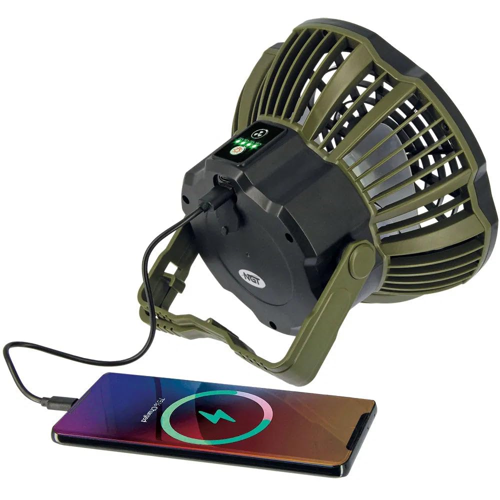 NGT Ventilatore da bivvy XL 3 in 1 ricaricabile con luce LED e powerbank da 2000 mAh, ricarica USB, 3 velocità di ventilazione, 3 modalità di illuminazione, telecomando rotazione a 180°, ideale per