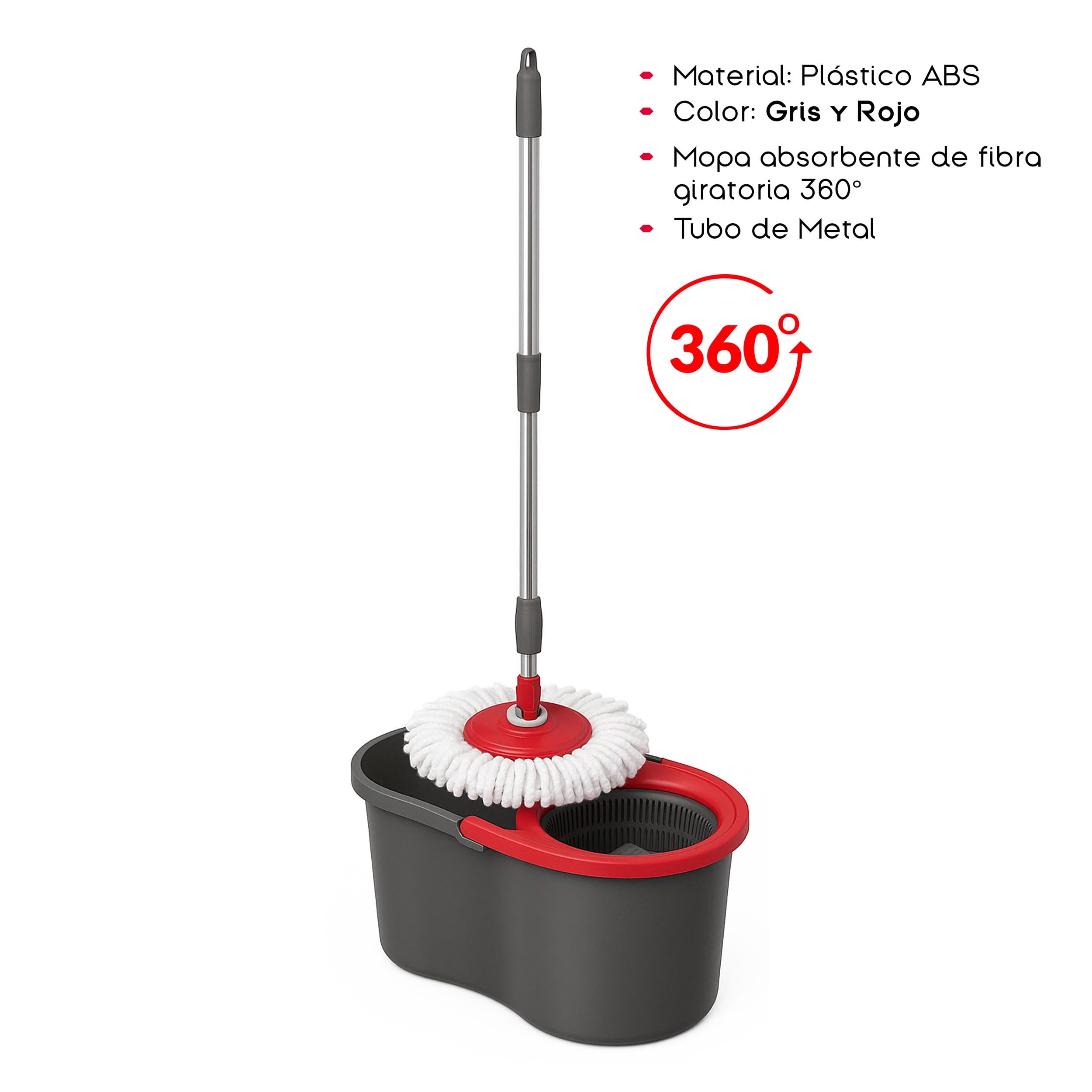Cubo Fregona Giratorio 360º Plástico ABS Doble Depósito con Mopa Absorbente Giratoria de Fibra y Tubo de Metal 46x26x21 cm