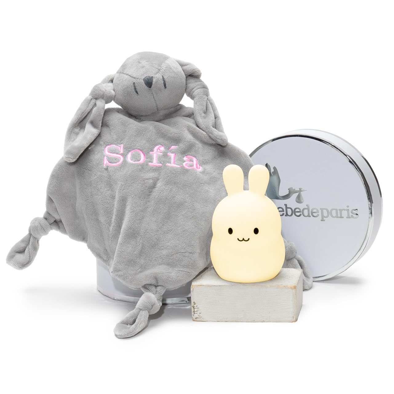 BebeDeParis Set Doudou Personalizado Conejito + Lámpara Silicona Luz Nocturna Bebé – Regalo Recién Nacido Baby Shower Nacimiento Niño Niña (Rosa)
