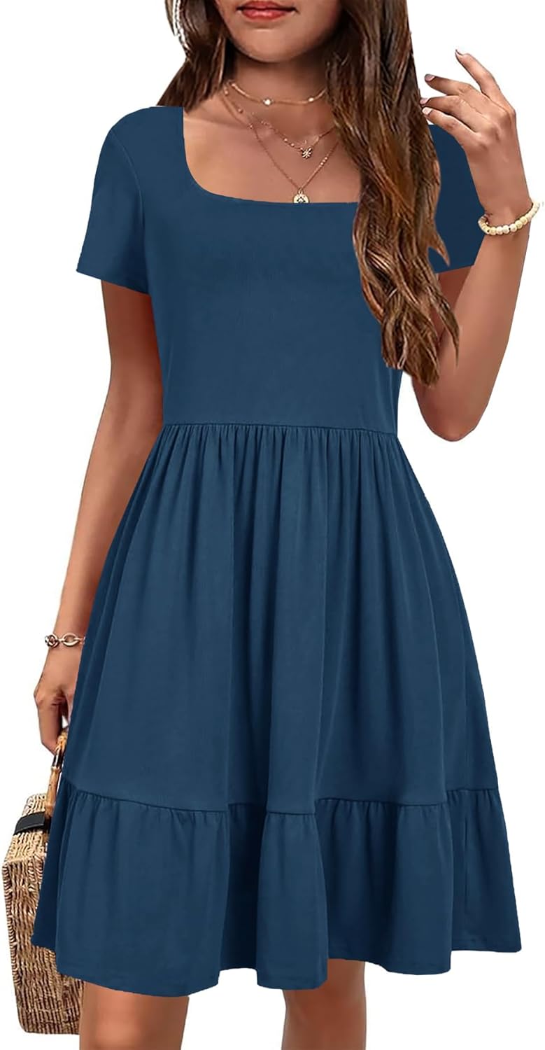 YOVION Girls Summer Dress Square Neck Short Sleeve Casual Loose Ruffle Tiered Dresses with Pockets for 6-12 Y