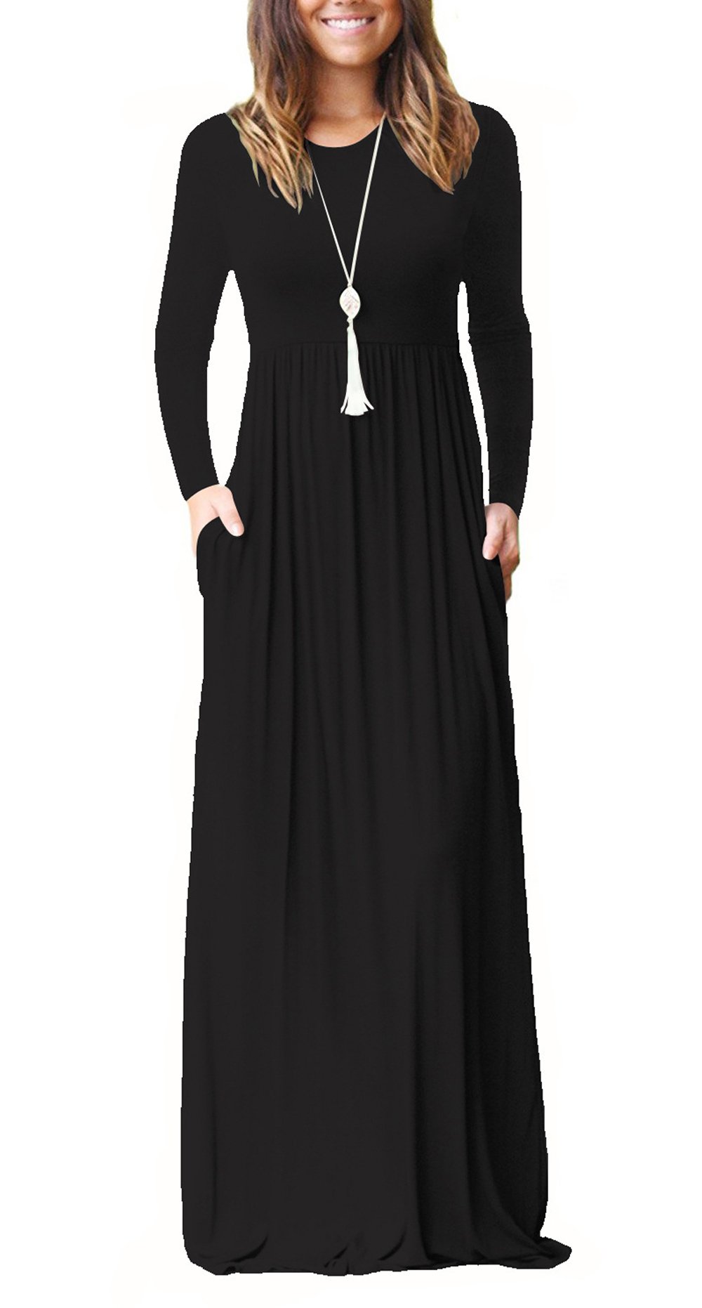 Women Long Sleeve Loose Plain Maxi Dresses Casual Long Dresses with Pockets,Black,M