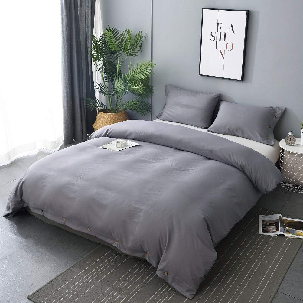 M&Meagle Dark Gray Duvet Cover,Solid Color Button Design,100% Microfiber Treated by Washed Cotton Process,Feels Like a Very Soft Cotton-King Size(3Pcs,1 Duvet Cover 2 Pillowcases)