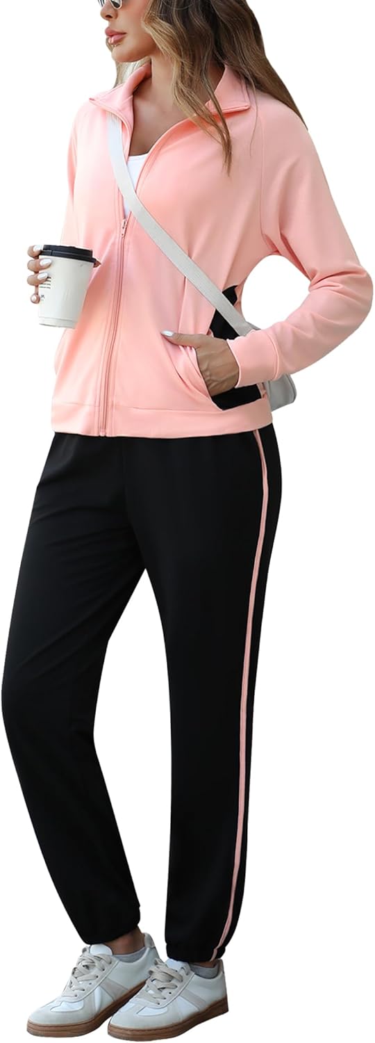 Marvmys Color Block Tracksuit for Women 2 Piece Outfits Fall Sweatsuits Zip Up Jogging Suit Long Sleeve Jogger Lounge Sets