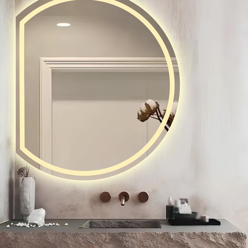 Przeciwmgielne lustro łazienkowe LED 3 kolory światło ściemnialne inteligentne podświetlany makijaż 20″/24″/28″/32″ półokrągłe okrągłe lustra (prawe, 60 cm/23,6 cala)