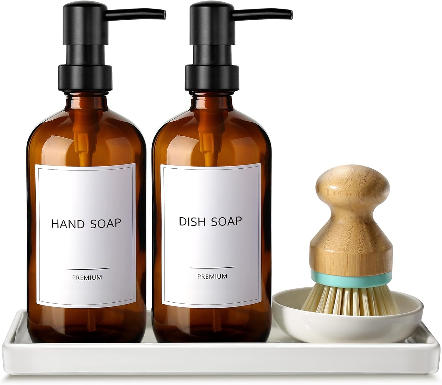 GMISUN Dish Soap Dispenser, 16 Oz Kitchen Soap Dispenser Set with Ceramic Tray & Bamboo Brush, 2 Pack Thick Amber Glass Soap Dispenser, Farmhouse Refillable Hand and Dish Liquid Soap Pump Bottle Set