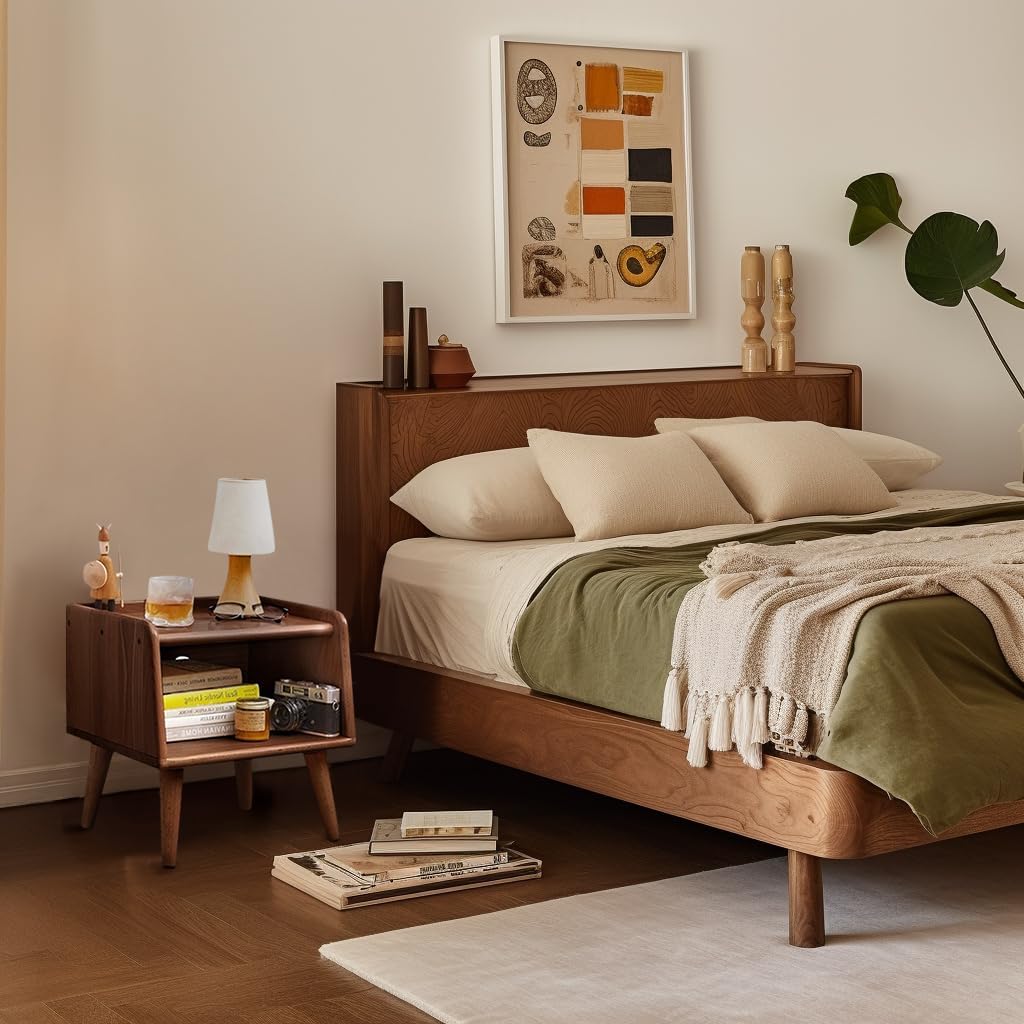 Solid Wood Nightstand Set of 2 - Mid-Century Modern Walnut Bedside Tables