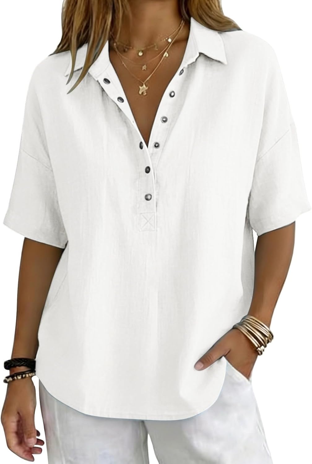 Cotton Linen Tops for Women Summer Short Sleeve Button V Neck Gauze Shirts Dressy Casual Loose Fit Lapel Blouses