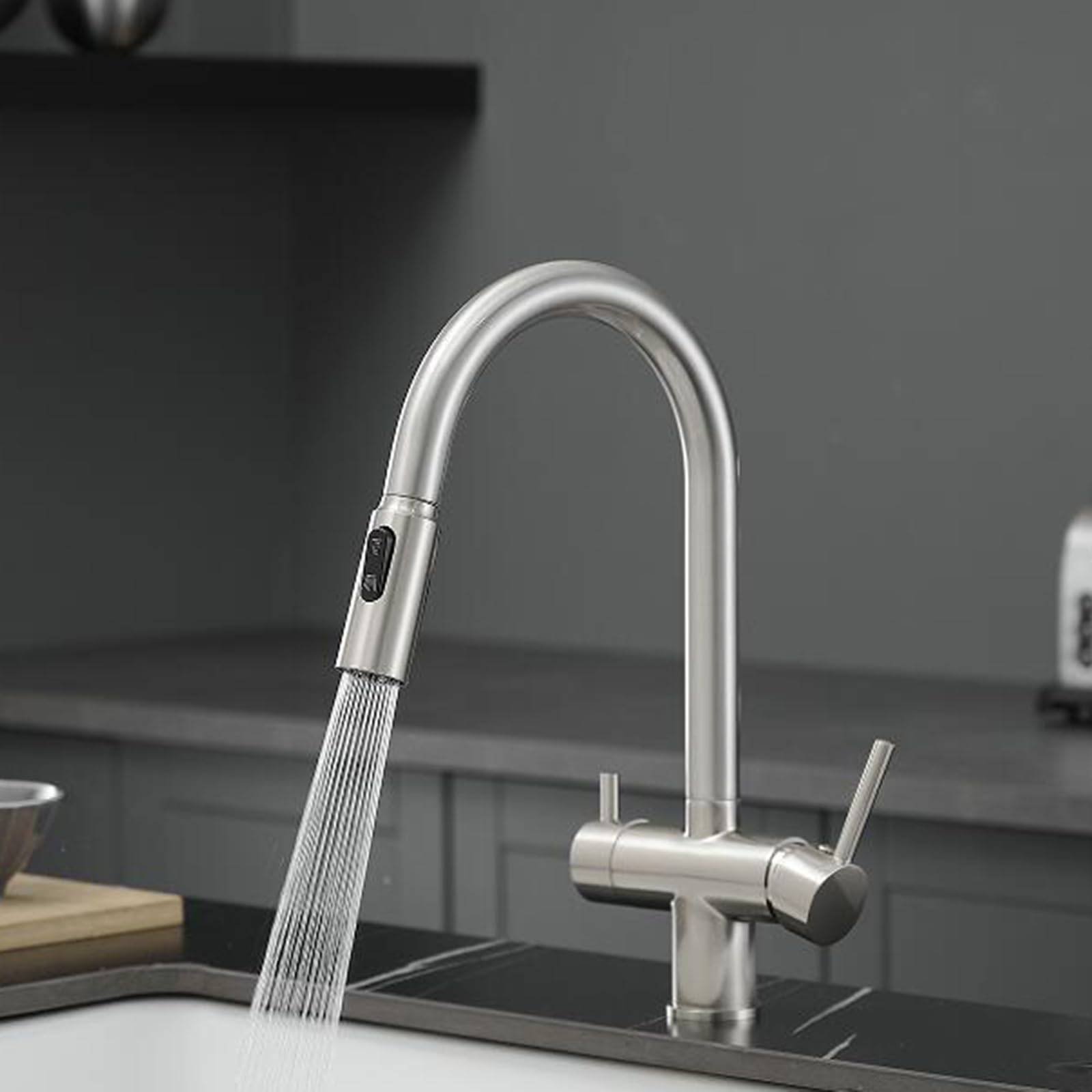 Grifo Cocina 3 Vias Osmosis Extraible Doble Manija Giratorio Latón Grifo 3 Vias Extensible-Cepillado