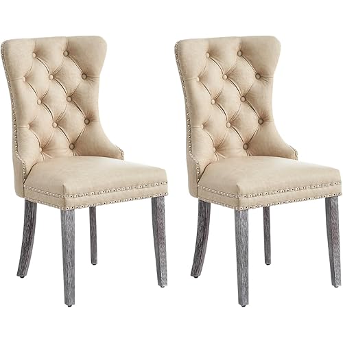 Leather Dining Chair Set of 2, Dining Room Chairs with Nailhead Ring Pull Trim, Upholstered Dining Chairs with Solid Wood Legs for Kitchen Dining Room (Beige)
